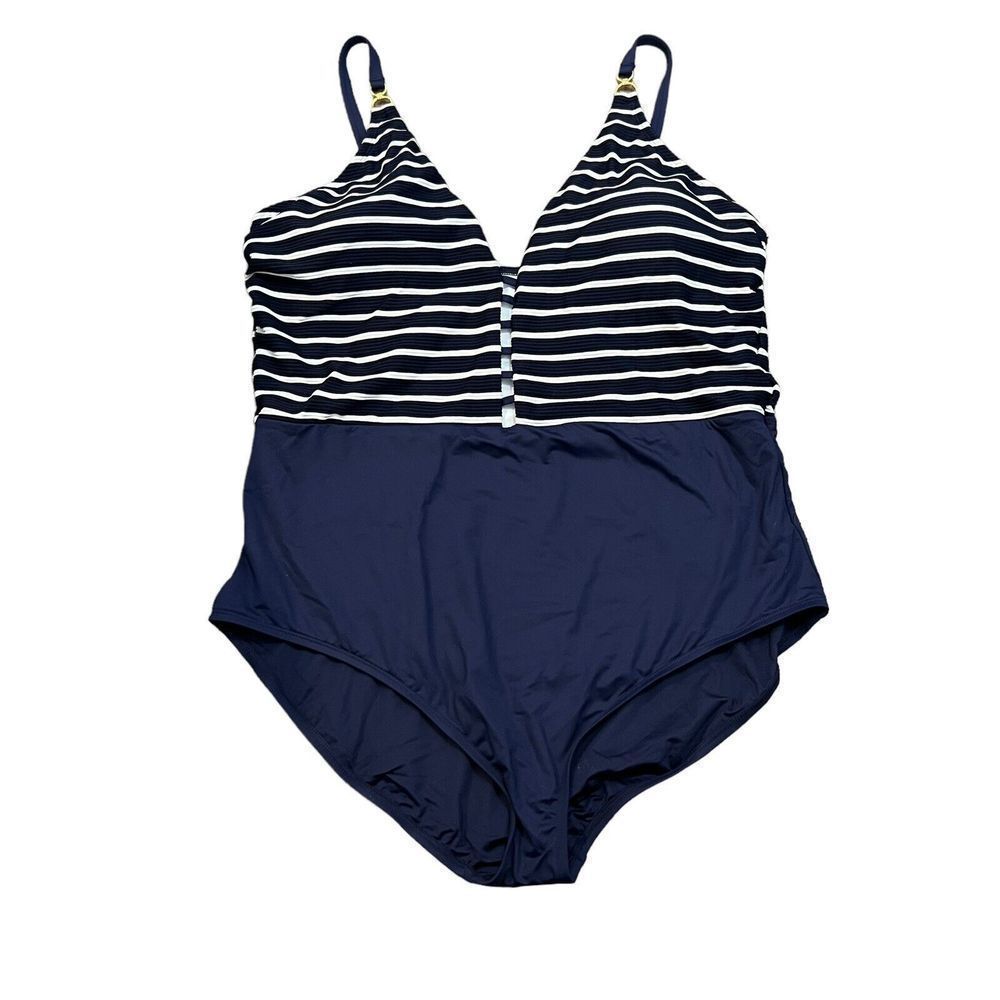 La Blanca Capri Plunge Neck One-Piece Swimsuit in Indigo Size 22W